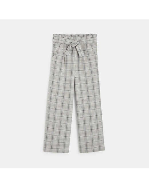 Pantalon taille haute à carreaux gris fille