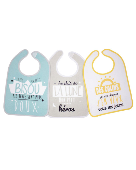 Lot de 3 bavoirs 1er age Bisous/Lune/Câlin
