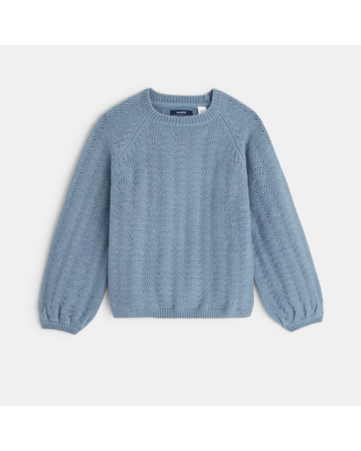 Pull ajouré à manches bouffantes bleu fille
