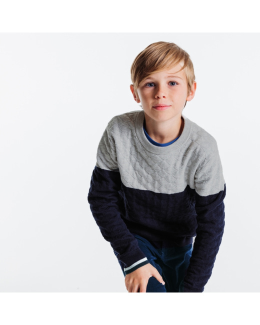 Pull bicolore en maille losange bleu garçon