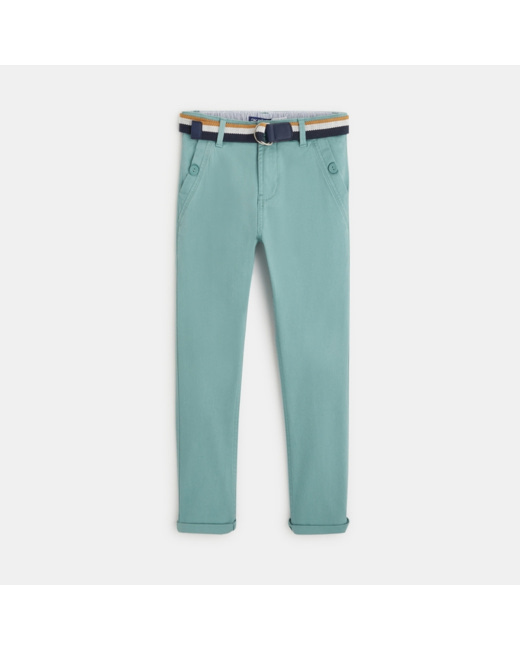 Pantalon chino ceinturé en toile vert garçon