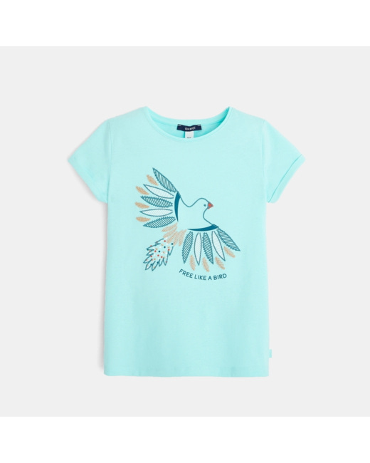 T-shirt col rond à motif brodé turquoise fille