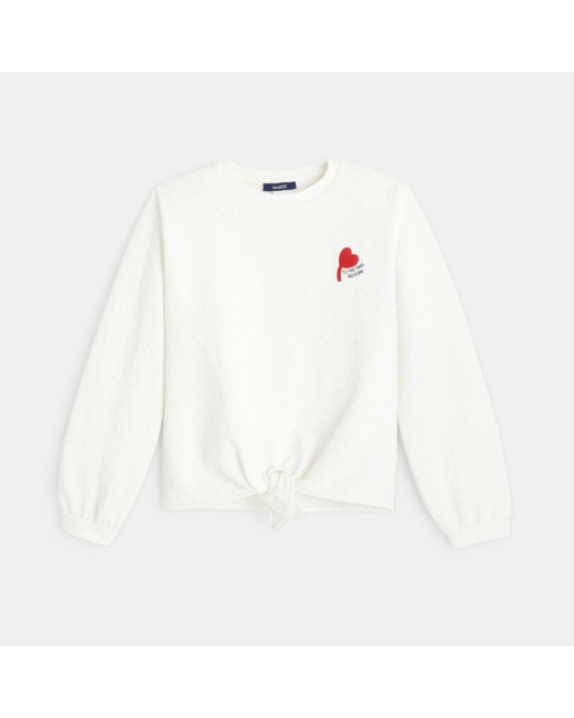 Sweat maille fantaisie coeurs blanc fille