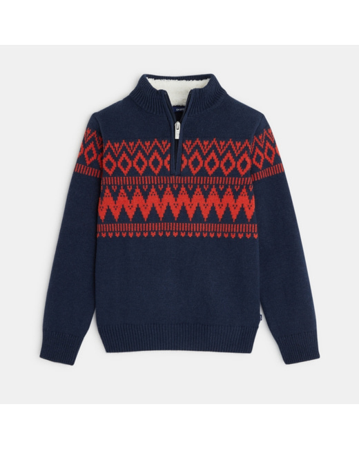 Pull camionneur à col montant zippé bleu garçon