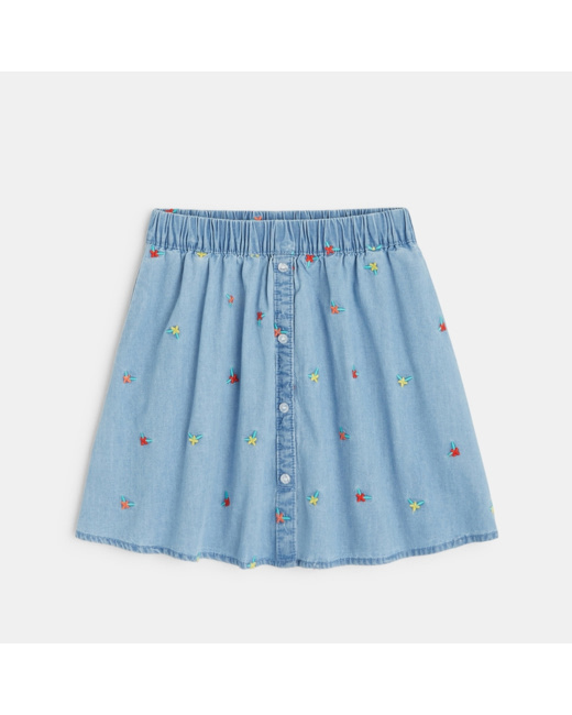 Jupe brodée en jean léger bleue fille