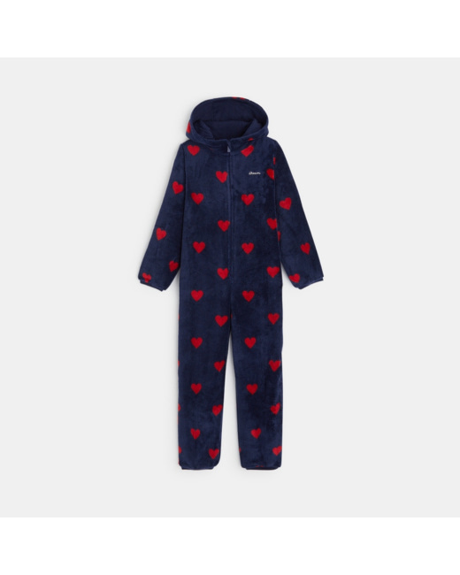 Combi-pyjama en velours motifs cœurs rouge fille