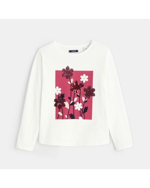 T-shirt manches longues à fleurs et sequins rose fille
