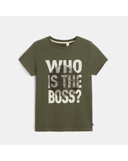 T-shirt sequins magiques message et animal vert garçon