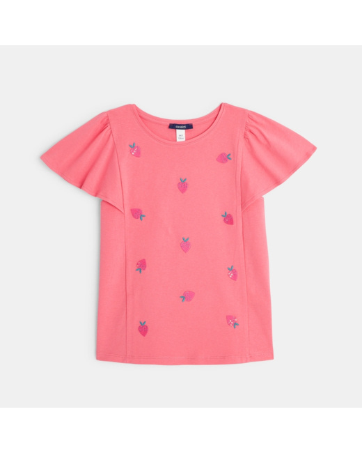 T-shirt manches courtes broderies Fraises rose fille