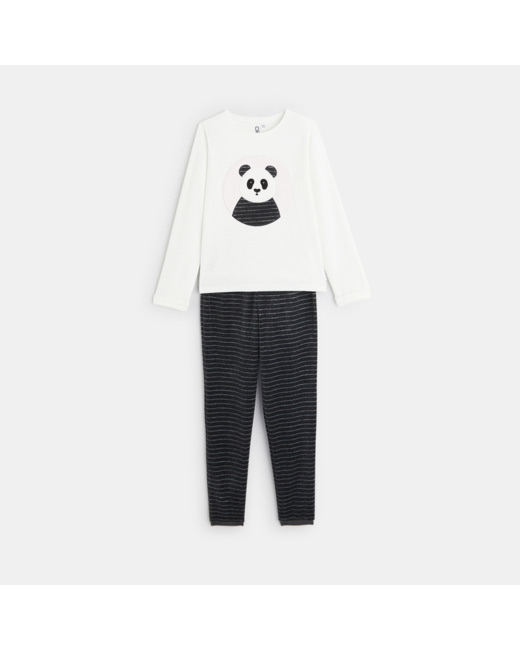 Pyjama 2 pièces en velours motif panda blanc fille