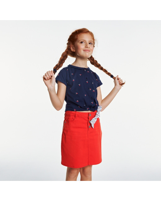 Chemise maille motif fleuri bleue fille