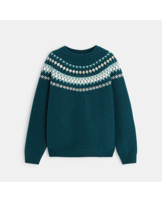 Pull scandinave motif jacquard vert fille