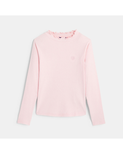 T-shirt côtelé broderie cœur rose fille