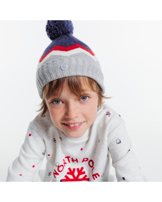 Bonnet à pompon doublé polaire bleu garçon