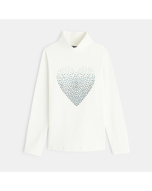 T-shirt col roulé motif cœur blanc fille