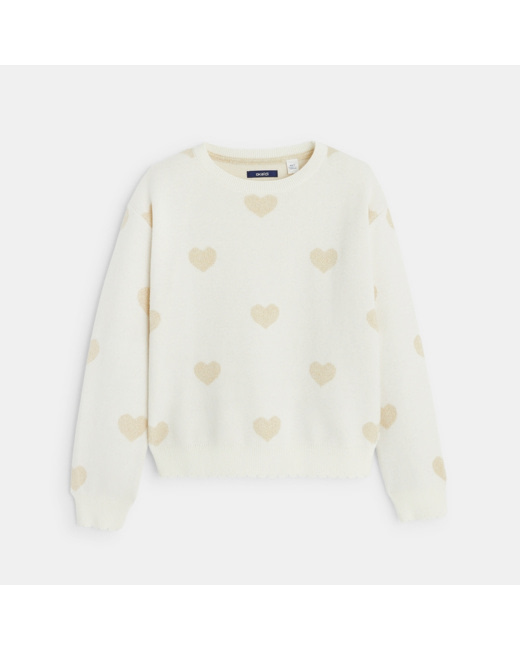 Pull col rond motif cœurs blanc fille