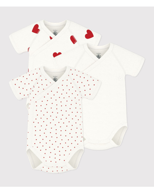 Lot de 3 bodies croisés manches courtes en coton cœurs bébé