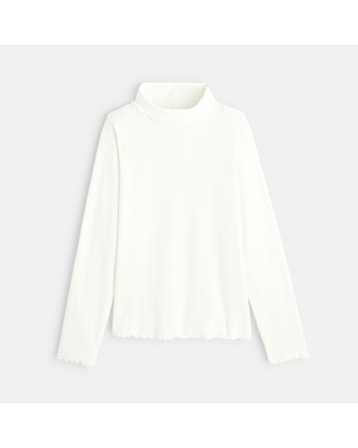 T-shirt col roulé côtelé uni blanc fille