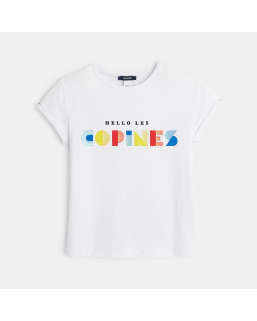 T-shirt manches courtes  "Hello les copines" blanc fille