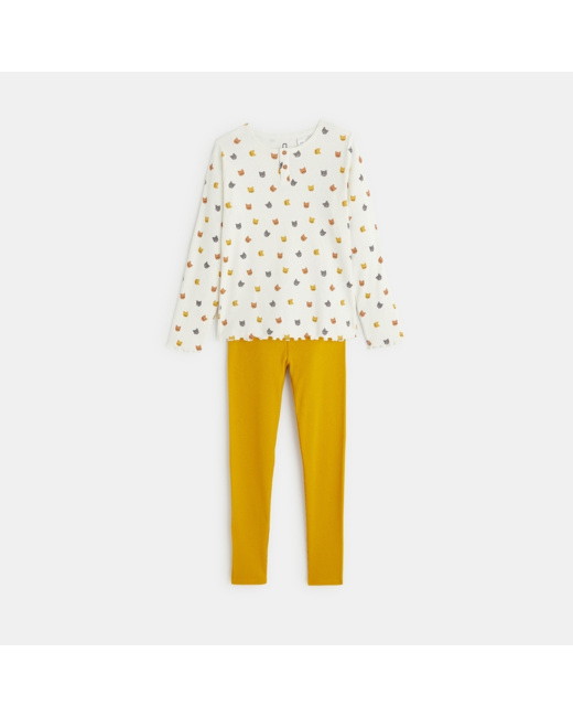 Pyjama 2 pièces en jersey côtelé motifs chats jaune fille