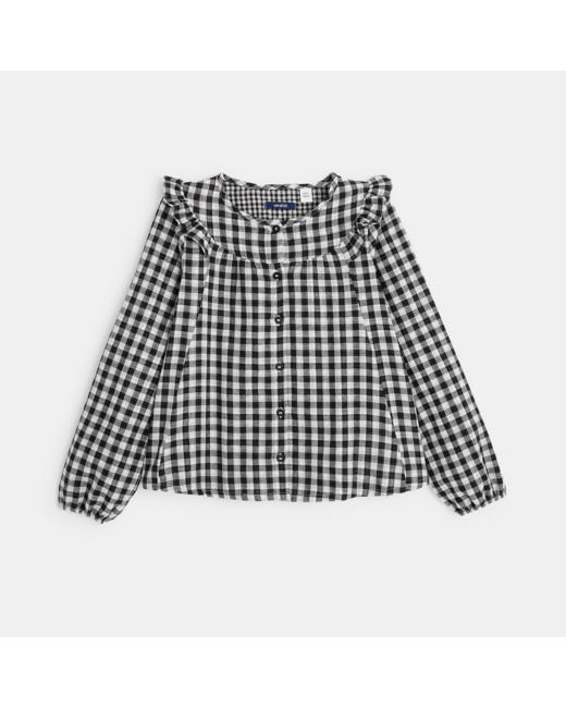 Blouse volantée à carreaux Vichy noire fille