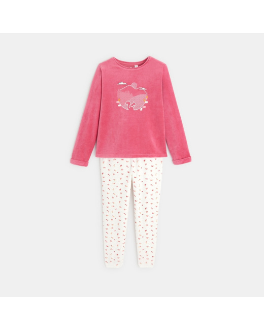 Pyjama 2 pièces en velours motif écureuil rose fille