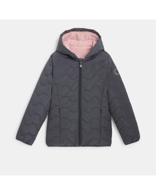 Blouson matelassé et moumoute réversible gris fille