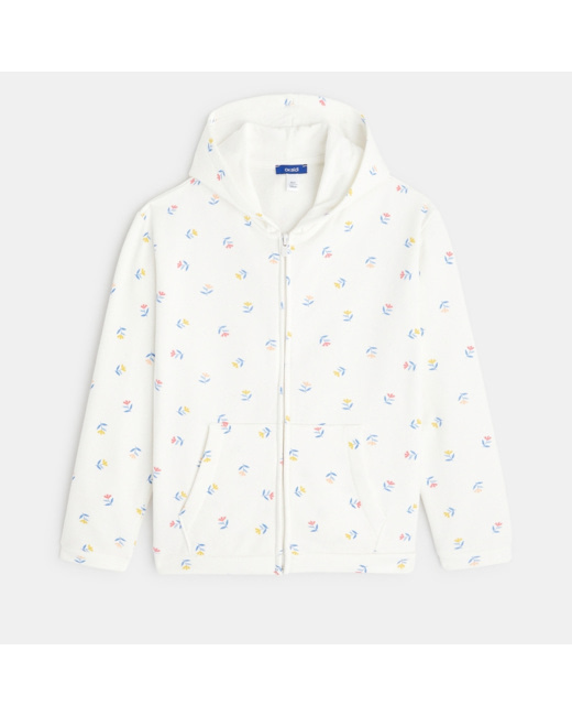 Sweat fleuri zippé à capuche blanc fille
