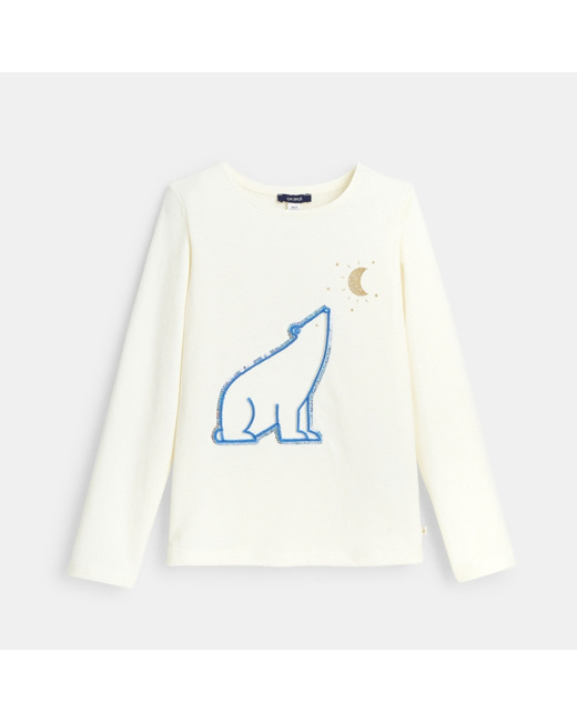 T-shirt coton bio à motif 3D ours polaire blanc fille