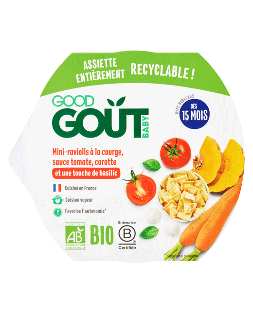 Petit plat bio Mini-raviolis à la courge, sauce tomate, carotte