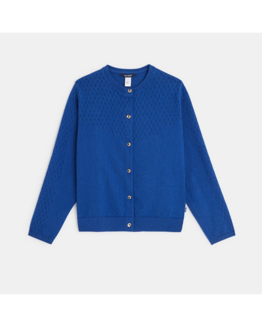 Gilet tricot effet pointelle bleu fille