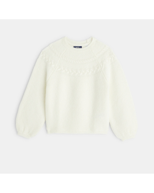 Pull torsadé au point mousse blanc fille