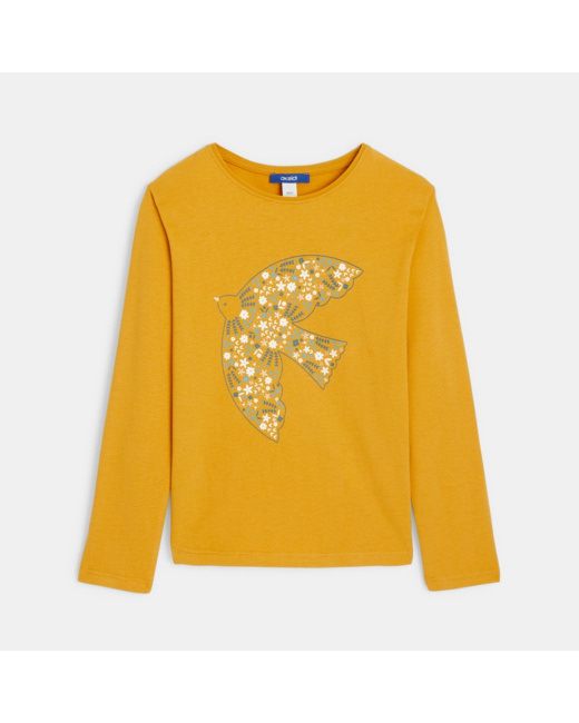 T-shirt manches longues motif colombe jaune fille