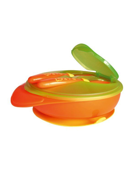 Assiette à ventouse + couvercle + 2 couverts