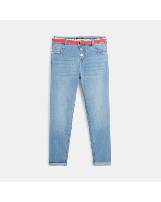 Jean mom 5 poches et double ceinture bleu fille