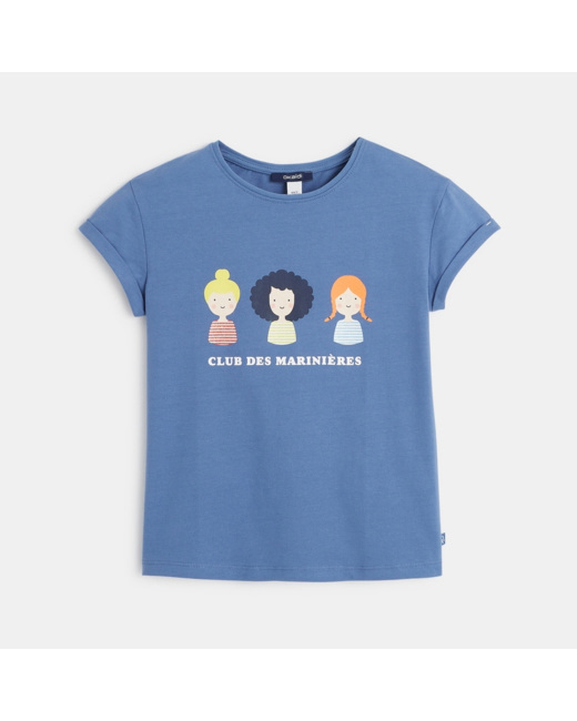 T-shirt manches courtes sororité "Club des marinières" turquoise fille