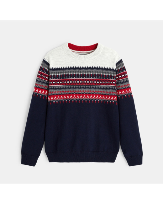 Pull col rond jacquard scandinave bleu garçon