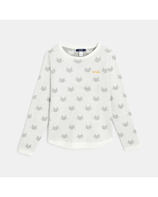 Pull en maille à motifs chats blanc fille