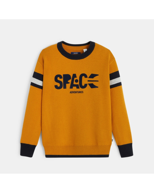 Pull col rond à message Space Adventures jaune garçon