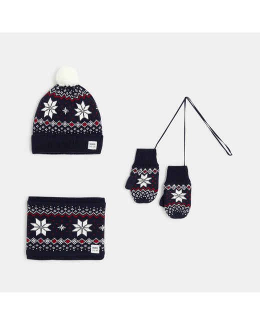 Ensemble bonnet + snood + moufles bleue garçon