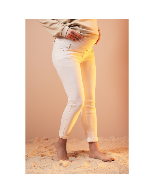 Jean boyfriend de grossesse avec bandeau court effet used