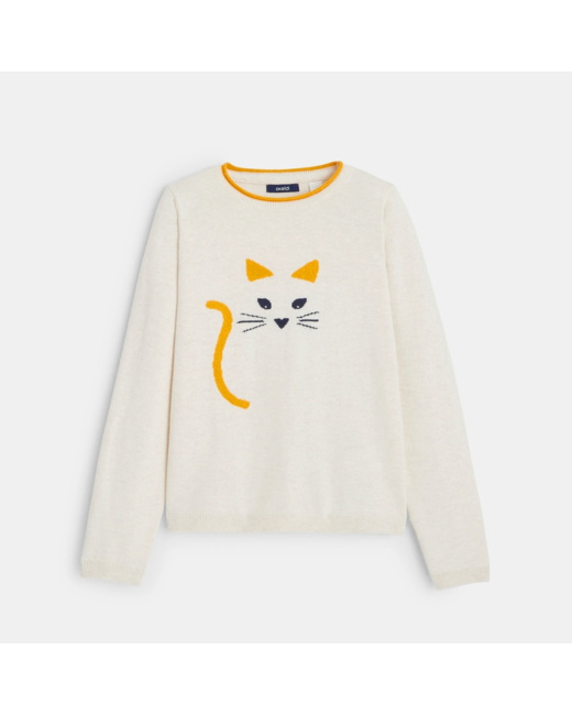 Pull jacquard motif chat beige fille