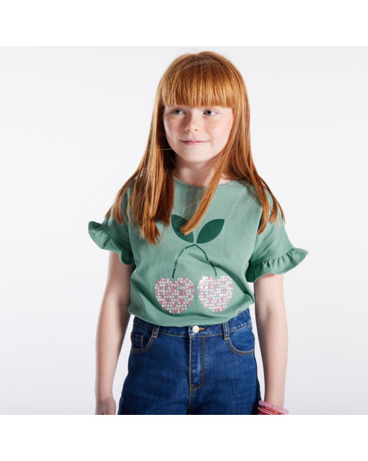 T-shirt à sequins motif cerise vert fille