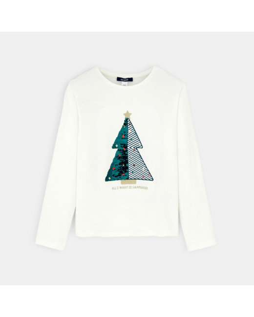 T-shirt Noël motif sapin blanc fille