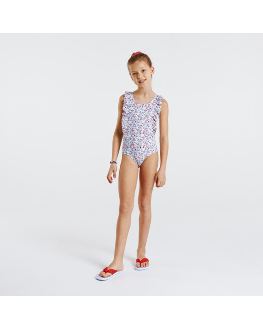 Maillot de bain 1 pièce fleuri bleu fille