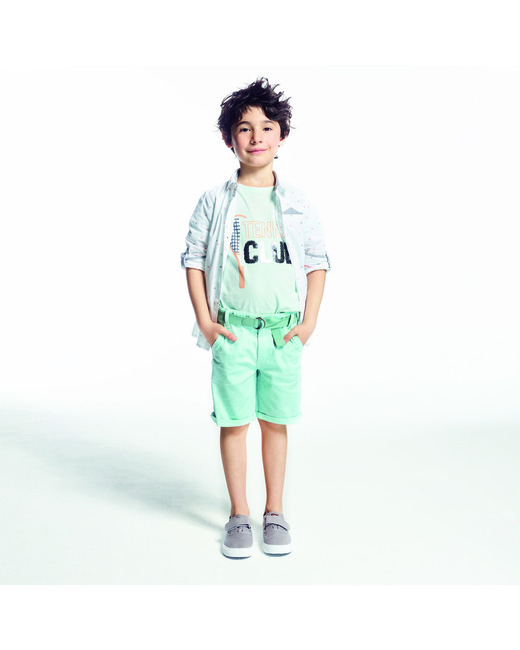 Bermuda slim ceinturé en toile stretch vert garçon