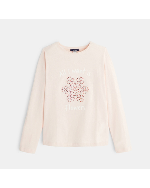 T-shirt à message "All I want is... Flowers" rose fille