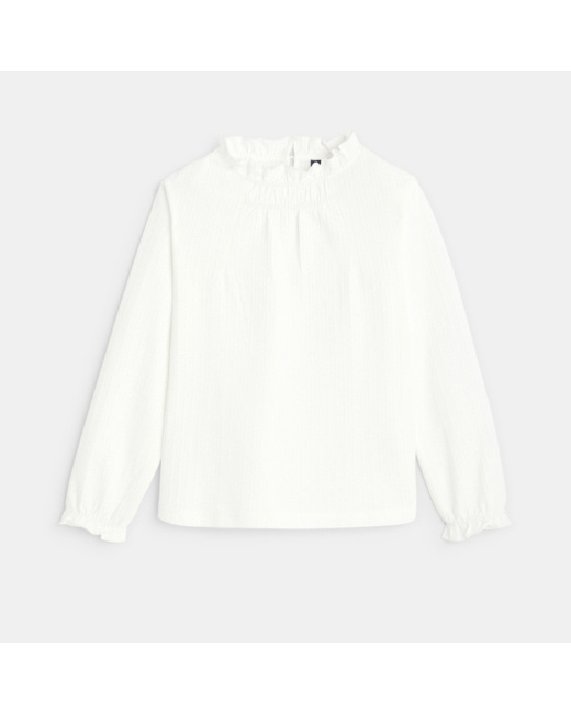 Blouse unie à col volanté blanche fille