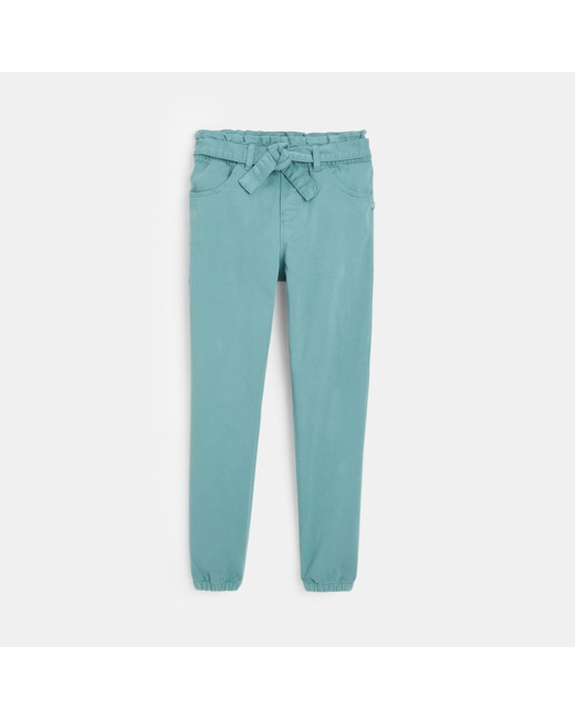 Pantalon en toile unie ceinturé vert fille