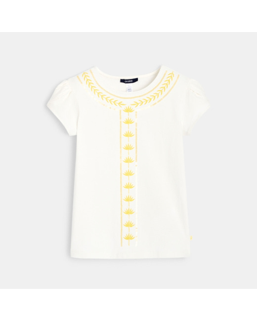 T-shirt col rond brodé blanc fille